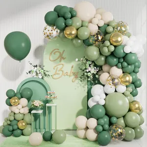 Kit arche de ballons jungle vert sauge blanc et or pour décoration de baby shower
