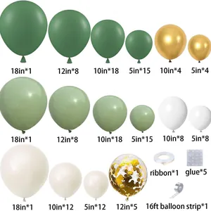 Kit arche ballon vert jungle avec ballons sauge, dorés, blancs et accessoires DIY