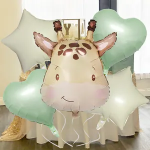 5-piece animal balloon set with giraffe, green hearts, and cream stars for party decor