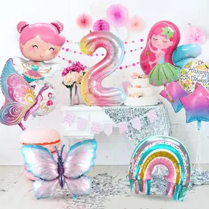 Set di palloncini farfalla e arcobaleno con numero due per compleanno di una bambina