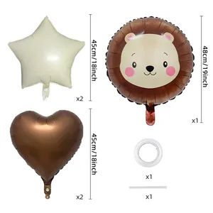 5-piece animal balloon set with lion, beige stars, and brown hearts for party decor