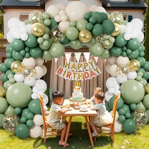 Kit Arche de Ballons Thème Forêt Jungle Vert Sauge Latex Or Blanc Confettis Ballons pour Anniversaire Baby Shower