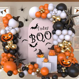 Halloween Balloon Arch Kit Orange Black Gold Latex Balloons Pumpkin Star Foil Balloons Bat Stickers Banner Party Decor