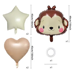 Detailed breakdown of monkey animal balloon set with heart and star shapes and accessories