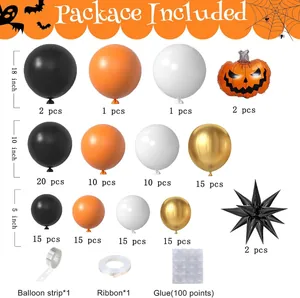 Halloween balloon arch kit with orange black gold latex balloons and pumpkin foil decor