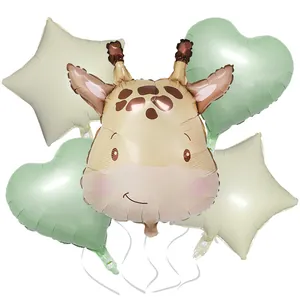 Detailed set of giraffe foil balloon with cream stars and sage green heart balloons