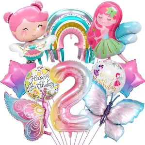 Dettaglio del set di 10 palloncini per compleanno tema fata con farfalla e arcobaleno