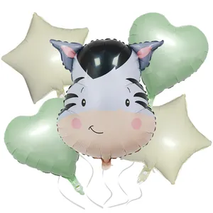 5pcs animal foil balloon set with zebra, green hearts and cream stars for kids birthday