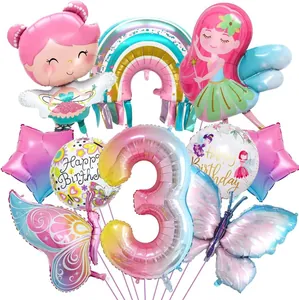 Set palloncini fata e farfalla con numero 3 sfumato e arcobaleno per festa di compleanno