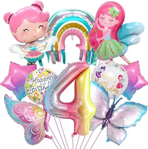 Set dettagliato di 10 palloncini arcobaleno per il 4° compleanno con fate e farfalle