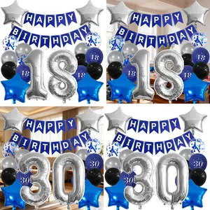 Bleu Argent Décoration d'Anniversaire Ballon Chiffre Ballon en Aluminium Bannière Happy Birthday Étoile Ballons en Latex Pour Fête