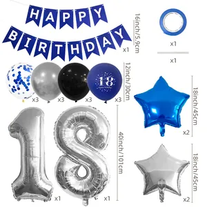 Kit décoration 18e anniversaire bleu et argent avec ballons chiffre 18 de 40 pouces