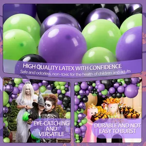 Detail of Halloween balloon arch set with purple and green latex balloons for party decor