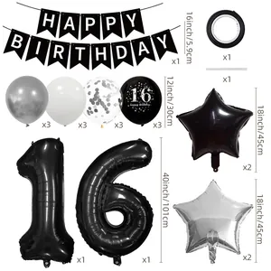 Detailed flat lay of 16th birthday party set with black banners and foil balloons