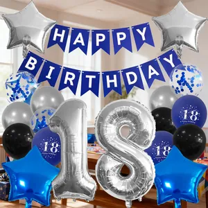 Kit déco 18e anniversaire avec ballons chiffre 18 argentés et bannières bleu marine chic