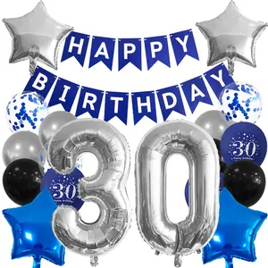 Kit de décoration 30e anniversaire bleu et argent avec ballons et bannière joyeux anniversaire