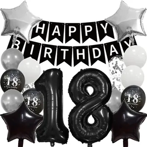 18th Birthday Party Decor Set with Black and Silver Balloons and Happy Birthday Banner