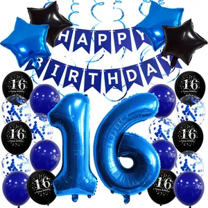 Blue and black 16th birthday party decoration set with balloons and happy birthday banner