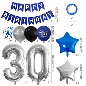 Kit déco 30ème anniversaire bleu et argent avec ballons, bannière et chiffres en aluminium