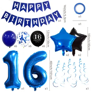 Detailed set of 16th birthday party decorations with blue foil balloons and banners