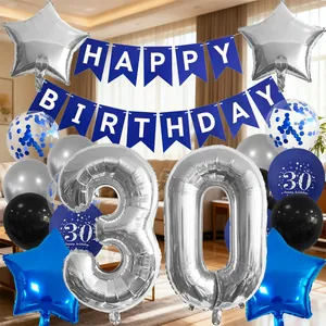 Kit déco 30ème anniversaire bleu et argent avec ballons et banderole Happy Birthday
