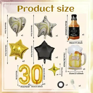 Ballonset zum 30. Geburtstag mit Whiskeyflasche, Sternen und Marmor-Folienballons mit Maßen