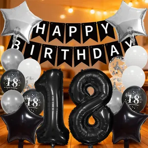 Black and silver 18th birthday party decoration set with balloons and happy birthday banner