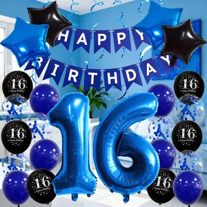 Blue and black 16th birthday party decoration set with balloons and happy birthday banner