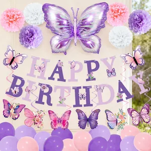 Butterfly birthday party set with banners, foil balloon, paper pom poms, and latex balloons
