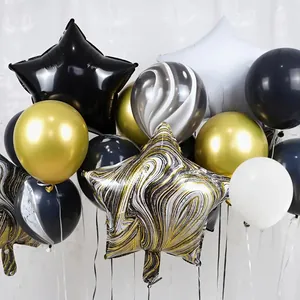 Modernes Ballon-Set in Schwarz, Gold und Weiß mit Sternfolien und Marmormuster für Partys
