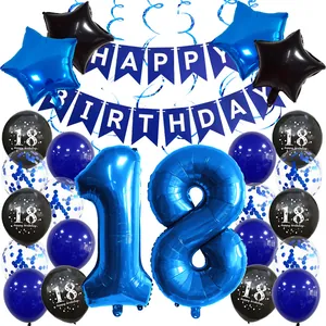 Royal Blue Black Birthday Decoration Set With Aluminum Foil Latex Balloons Happy Birthday Banner Spirals For Party Supplies