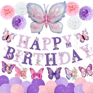 Butterfly birthday party set with purple foil balloon, paper fans and happy birthday banner