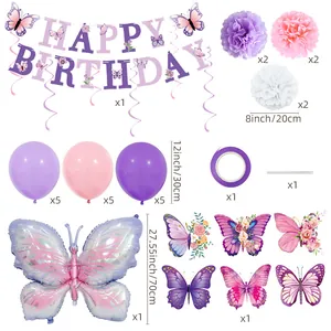 Detail set of purple butterfly birthday party decorations with banners and paper flowers