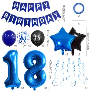 Blue and black 18th birthday party decoration set with banners and balloons