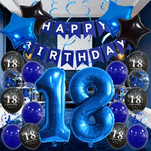 Detailed set of 18th birthday party decorations with blue star balloons and hanging swirls