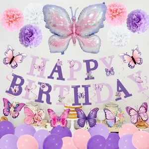 Purple butterfly birthday party decoration set with banners balloons and paper flowers