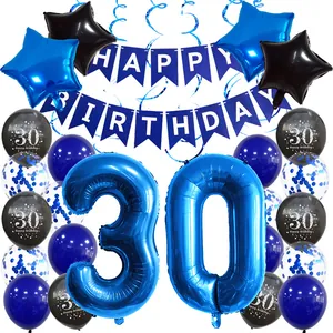 Blue and black 30th birthday party decoration set with balloons and happy birthday banner