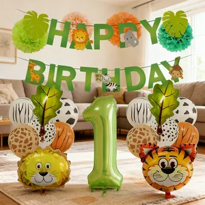 Set decorazioni 1° compleanno tema giungla safari con palloncini e striscioni