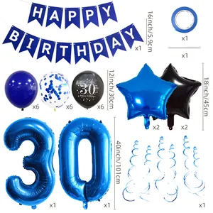 Detailed flat lay of 30th birthday blue balloon set with Happy Birthday banner