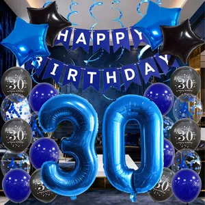 Detailed set of blue and black 30th birthday party decorations with balloons and banner