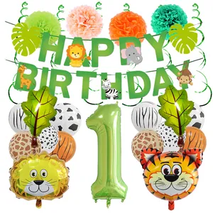 Dettaglio set 1° compleanno tema Zoo Giungla con palloncini animali e striscioni