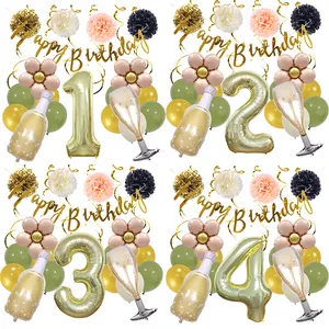 Champagne bottle and glass balloon set with Happy Birthday banner for party decor