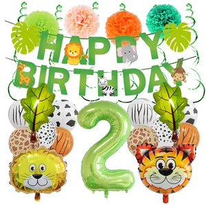 Set 2° compleanno safari con palloncini animali, striscione verde e palloncino numero 2
