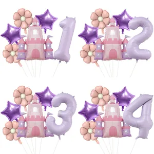 Ensemble de Ballons en Feuille d'Aluminium Château de Princesse Nombre Violet Marguerite Fleur Décorations de Fête d'Anniversaire