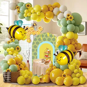 Bee Theme Birthday Party Balloon Arch Kit Yellow Sage Green White Latex Balloons Sunflower Decor Foil Bee Balloons For Party Decoration