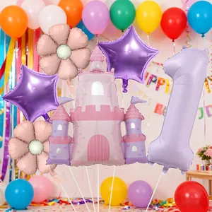 Kit ballons château de princesse avec chiffre 1 violet pour décor anniversaire