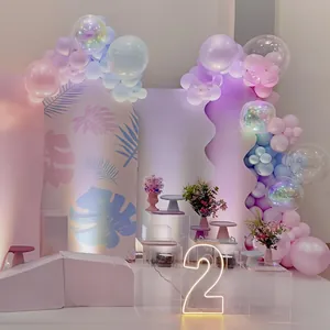 Macaron balloon arch kit with pink backdrops and glowing number 2 for birthday party