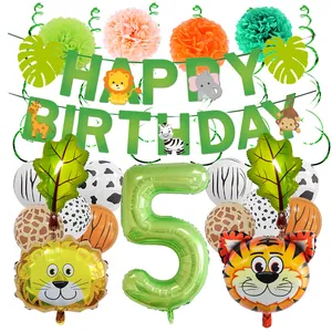 Set decorazioni 5° compleanno tema safari giungla con banner verde e palloncini animali