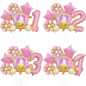 Pink Princess Carriage Aluminum Foil Balloon Set With Large Number Daisy Flower Star For Girls Birthday Party Decoration