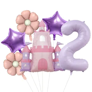 Kit de ballons château de princesse avec chiffre 2 violet et marguerites de fête